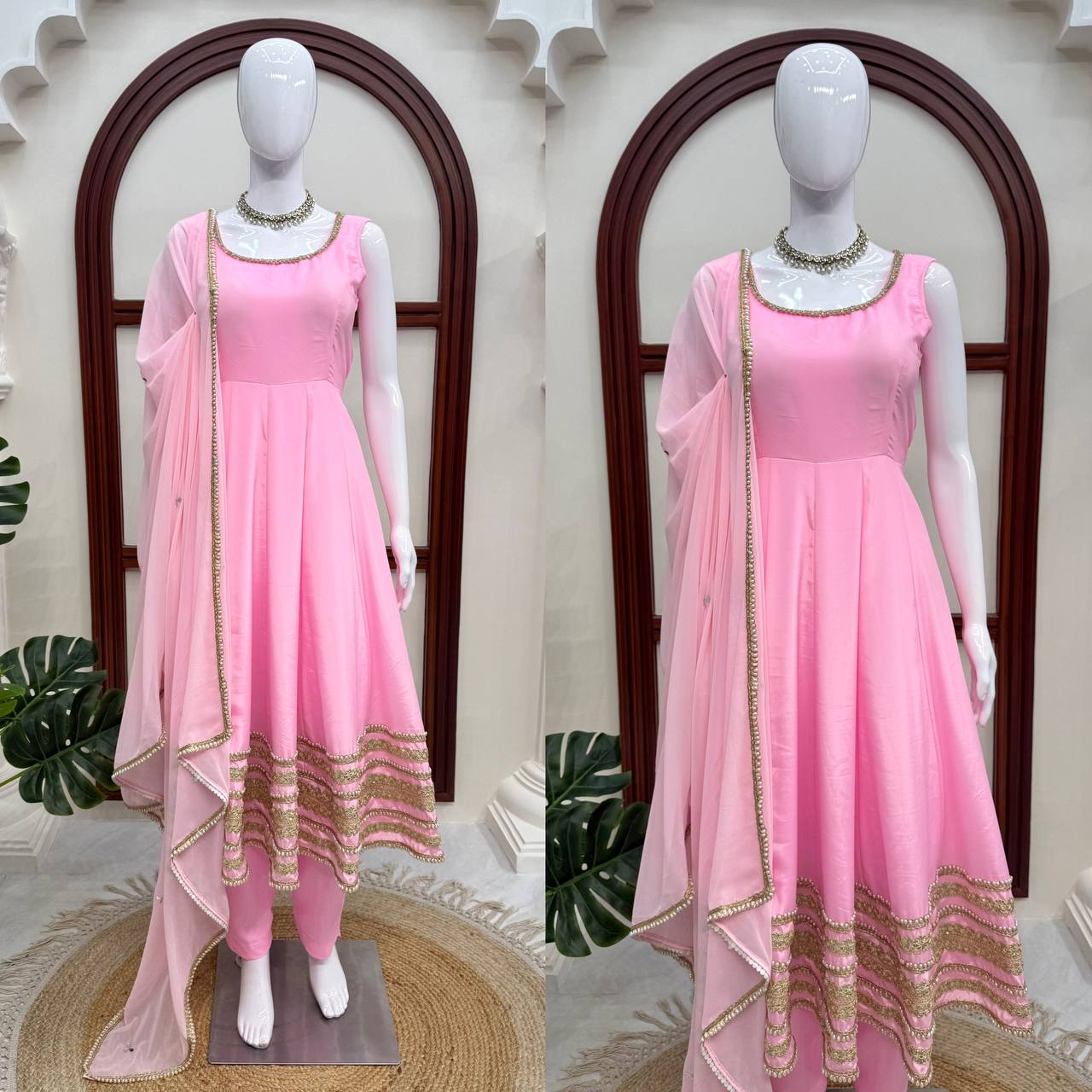 Saanjh Natural Crepe Coding Dori Anarkali with Pant & Mirror Work Dupatta Set