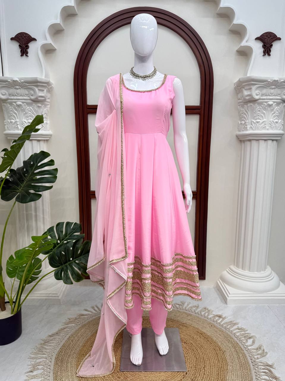 Saanjh Natural Crepe Coding Dori Anarkali with Pant & Mirror Work Dupatta Set