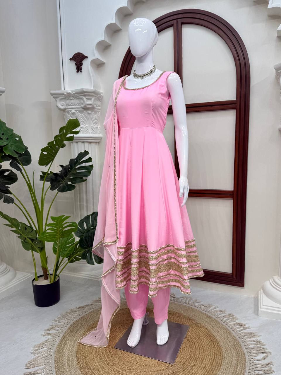 Saanjh Natural Crepe Coding Dori Anarkali with Pant & Mirror Work Dupatta Set