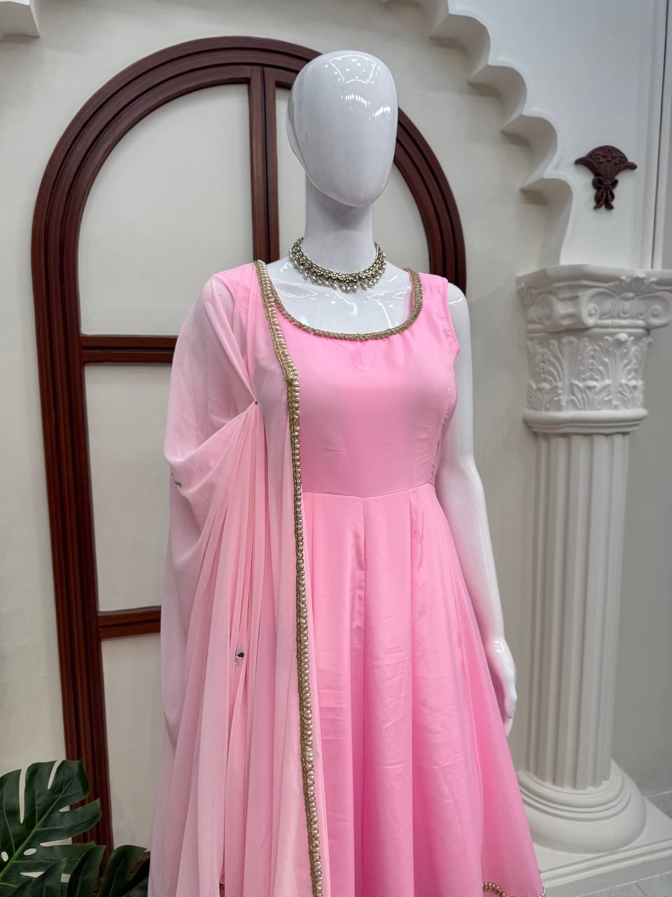 Saanjh Natural Crepe Coding Dori Anarkali with Pant & Mirror Work Dupatta Set