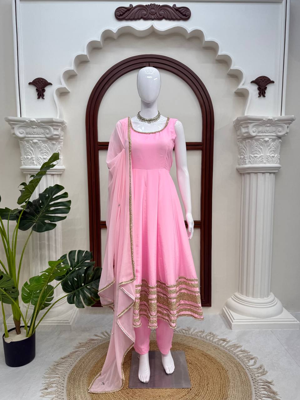 Saanjh Natural Crepe Coding Dori Anarkali with Pant & Mirror Work Dupatta Set