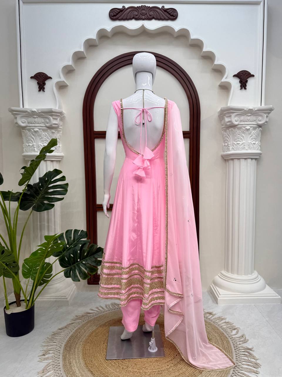 Saanjh Natural Crepe Coding Dori Anarkali with Pant & Mirror Work Dupatta Set