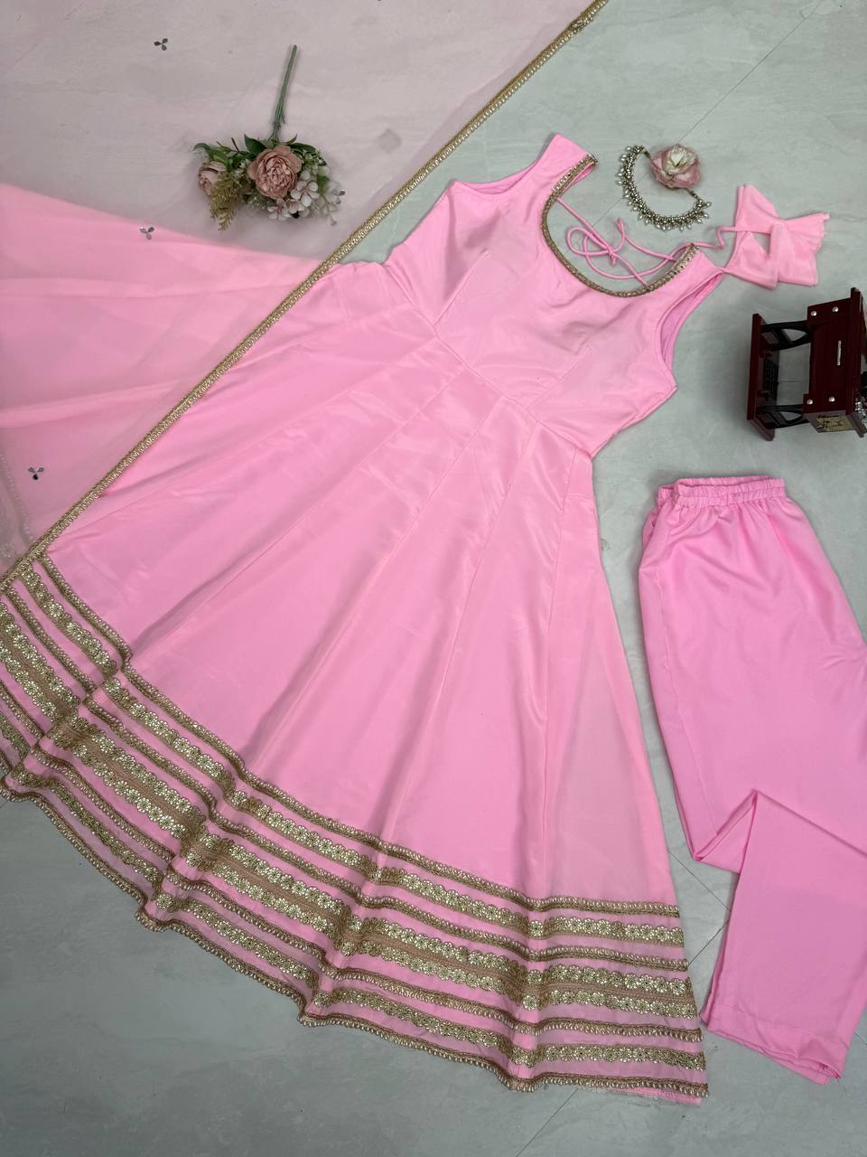 Saanjh Natural Crepe Coding Dori Anarkali with Pant & Mirror Work Dupatta Set