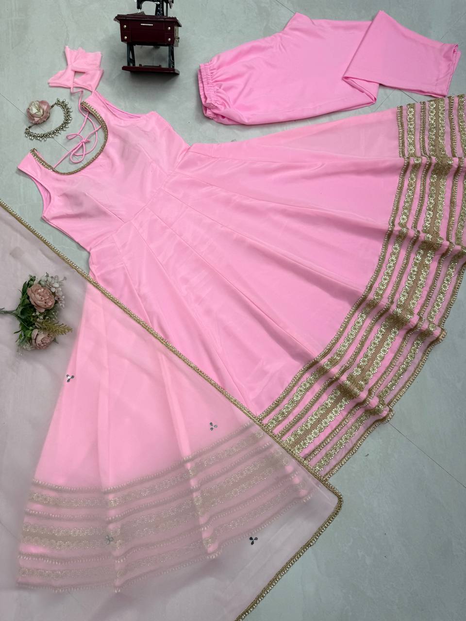 Saanjh Natural Crepe Coding Dori Anarkali with Pant & Mirror Work Dupatta Set
