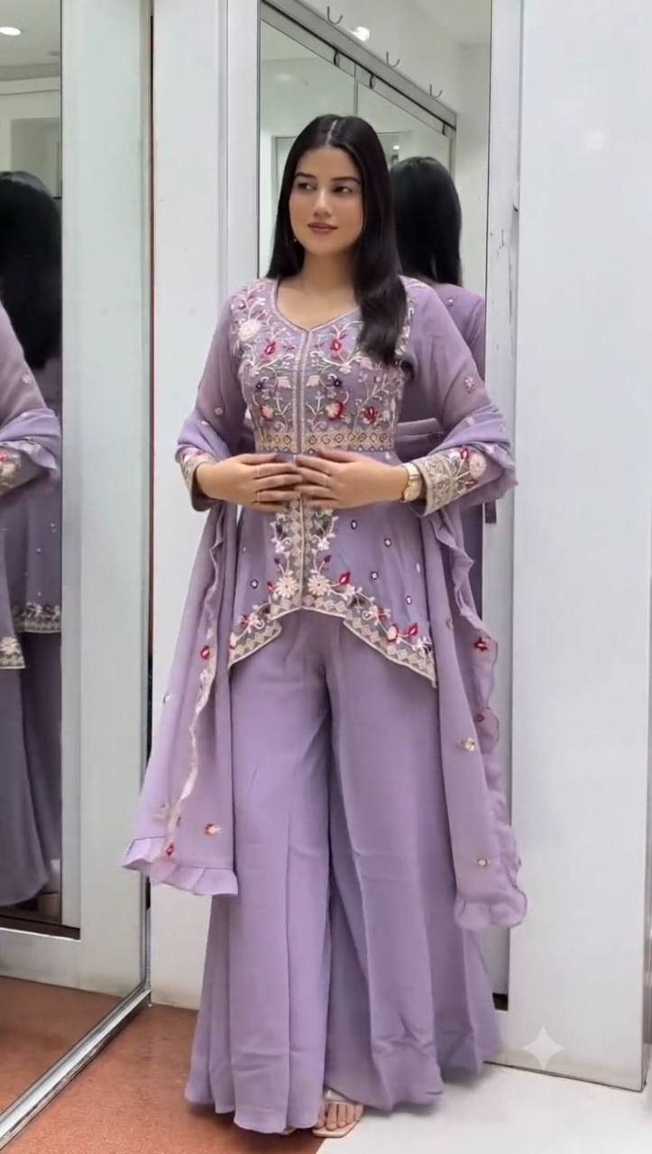 Aarvika Rangoli Silk Sequins Embroidered Kurti with Palazzo & Dupatta Set