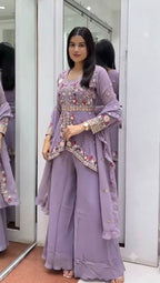Aarvika Rangoli Silk Sequins Embroidered Kurti with Palazzo & Dupatta Set