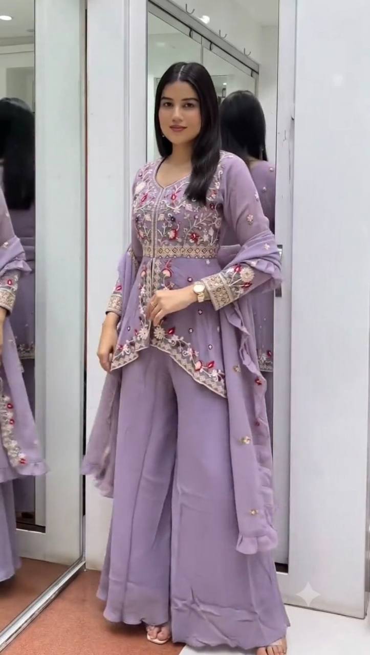 Aarvika Rangoli Silk Sequins Embroidered Kurti with Palazzo & Dupatta Set