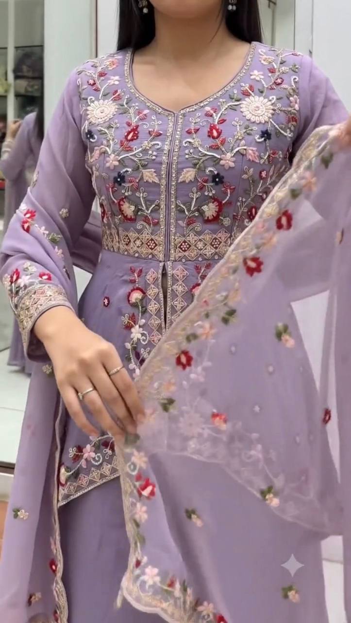 Aarvika Rangoli Silk Sequins Embroidered Kurti with Palazzo & Dupatta Set