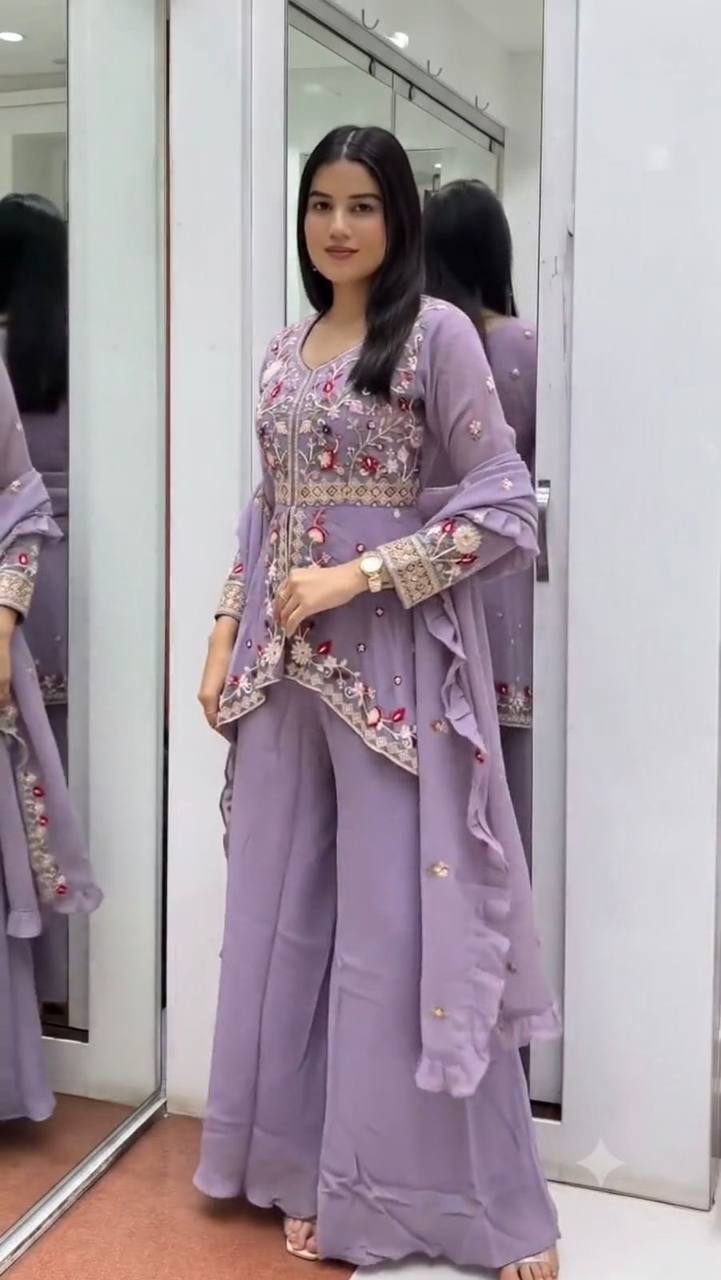 Aarvika Rangoli Silk Sequins Embroidered Kurti with Palazzo & Dupatta Set