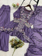 Aarvika Rangoli Silk Sequins Embroidered Kurti with Palazzo & Dupatta Set