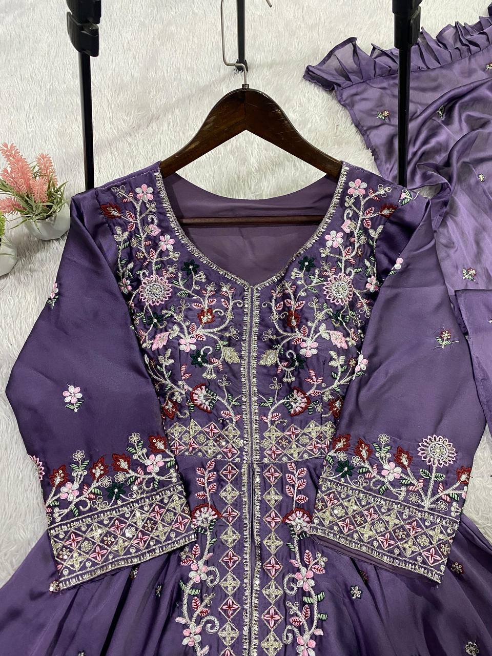 Aarvika Rangoli Silk Sequins Embroidered Kurti with Palazzo & Dupatta Set