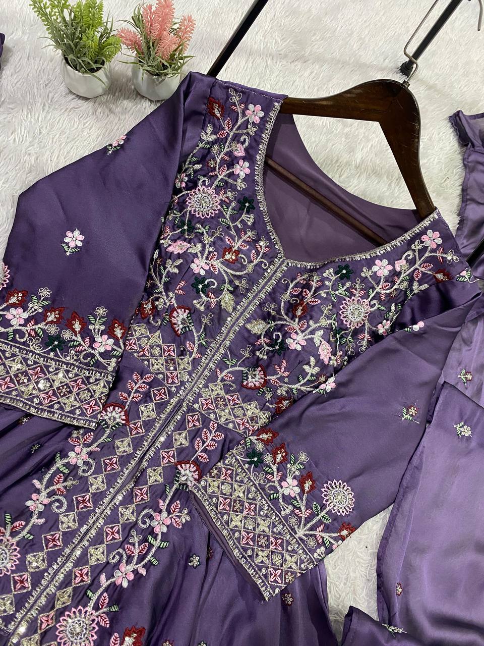 Aarvika Rangoli Silk Sequins Embroidered Kurti with Palazzo & Dupatta Set