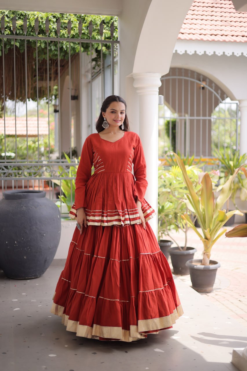 Designer Artisan Cora Cotton Gota Patti Embroidered Peplum Lehenga Choli with Grand Flared Lehenga