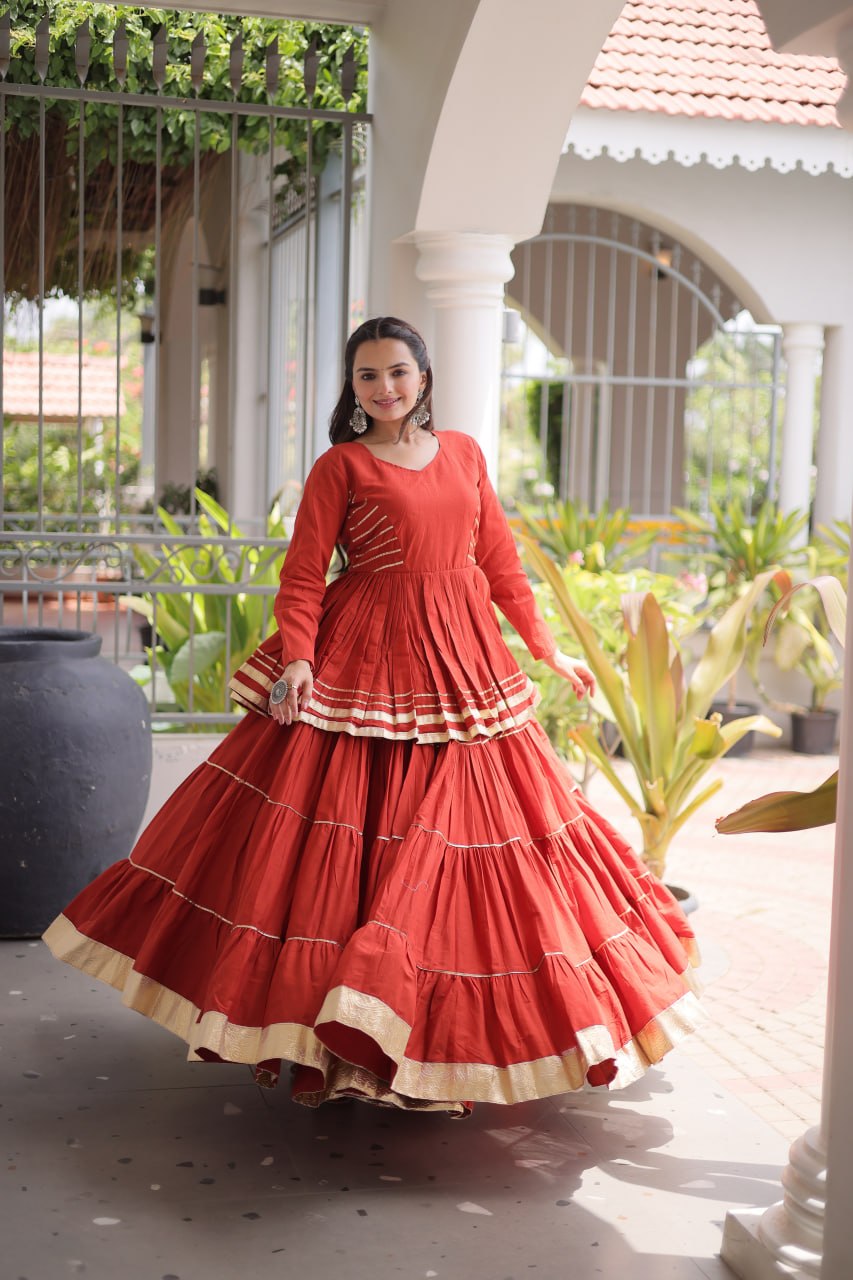 Designer Artisan Cora Cotton Gota Patti Embroidered Peplum Lehenga Choli with Grand Flared Lehenga