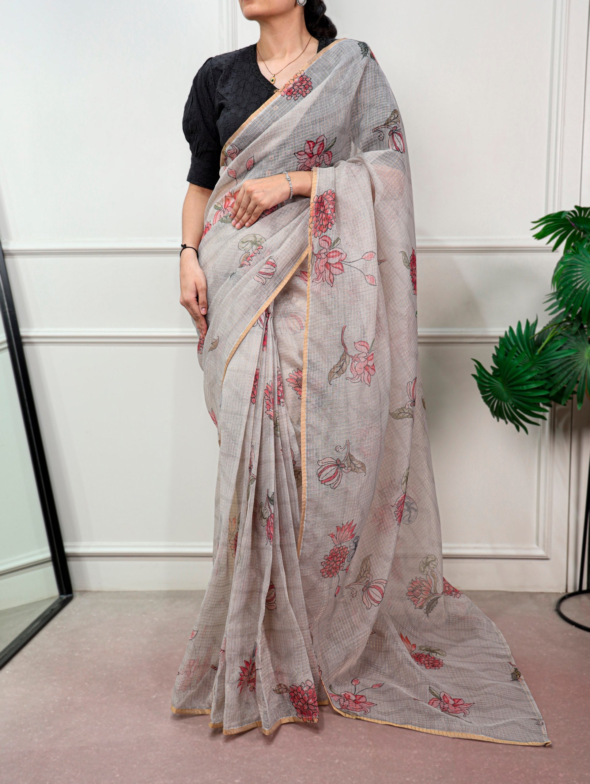 Varnika Kota Doria Floral Print Saree with Stitched Lucknowi Cotton Blouse