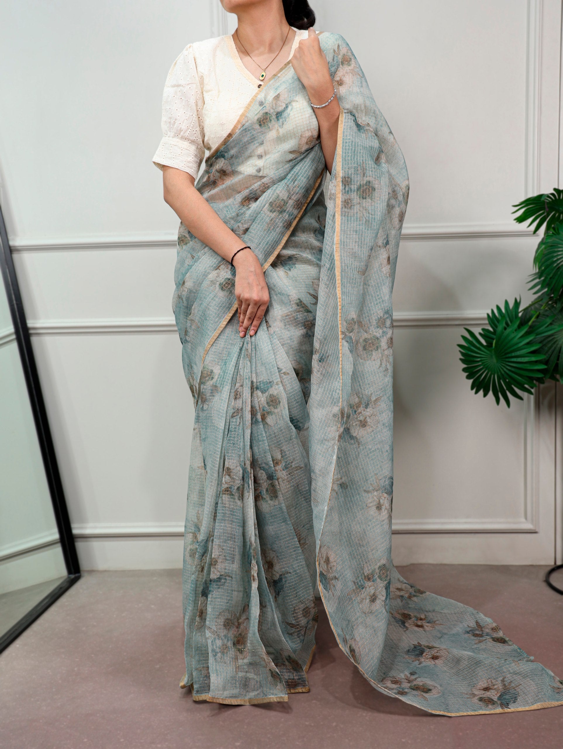 Varnika Kota Doria Floral Print Saree with Stitched Lucknowi Cotton Blouse
