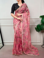 Varnika Kota Doria Floral Print Saree with Stitched Lucknowi Cotton Blouse