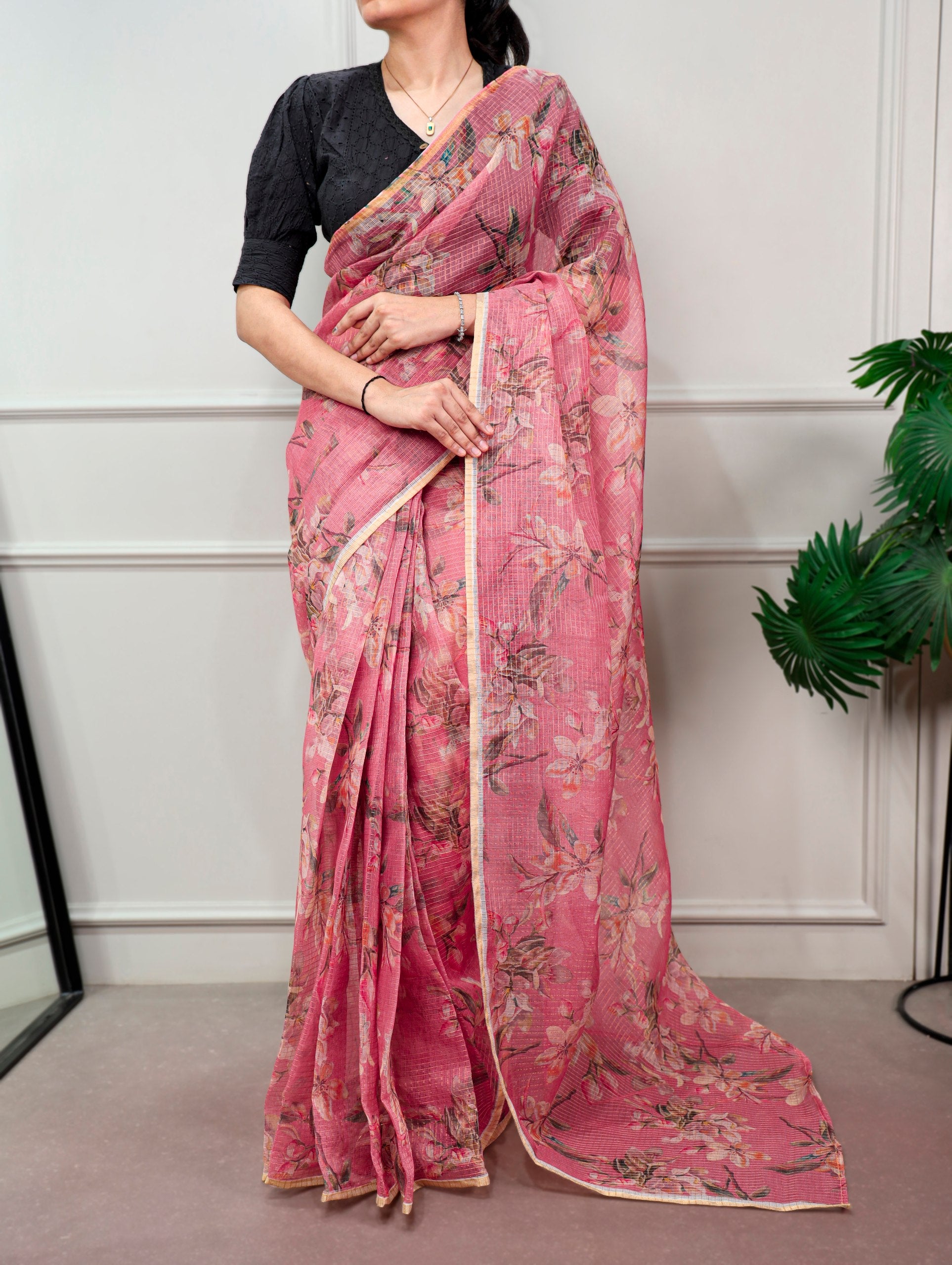 Varnika Kota Doria Floral Print Saree with Stitched Lucknowi Cotton Blouse
