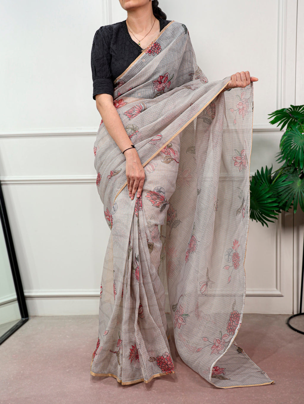 Varnika Kota Doria Floral Print Saree with Stitched Lucknowi Cotton Blouse