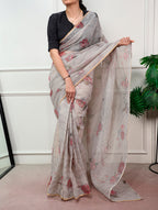 Varnika Kota Doria Floral Print Saree with Stitched Lucknowi Cotton Blouse