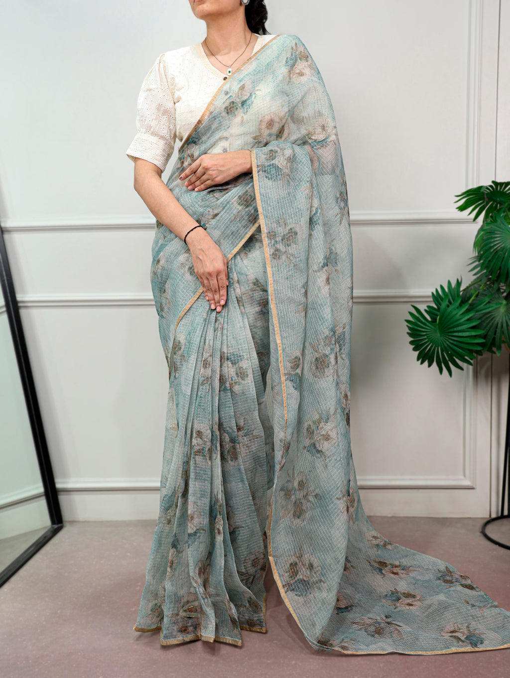 Varnika Kota Doria Floral Print Saree with Stitched Lucknowi Cotton Blouse