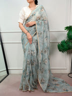 Varnika Kota Doria Floral Print Saree with Stitched Lucknowi Cotton Blouse