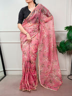 Varnika Kota Doria Floral Print Saree with Stitched Lucknowi Cotton Blouse