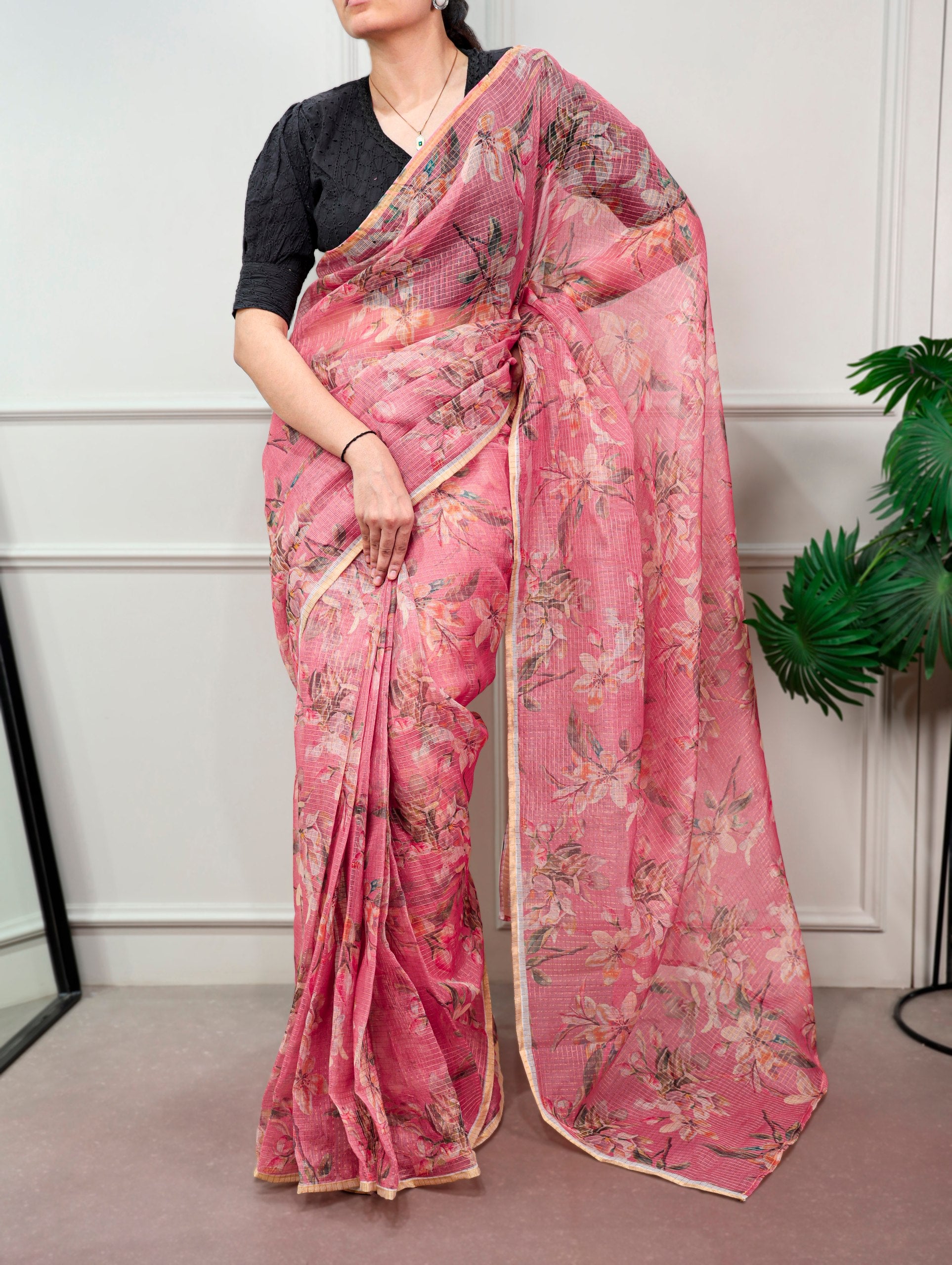 Varnika Kota Doria Floral Print Saree with Stitched Lucknowi Cotton Blouse