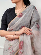 Varnika Kota Doria Floral Print Saree with Stitched Lucknowi Cotton Blouse