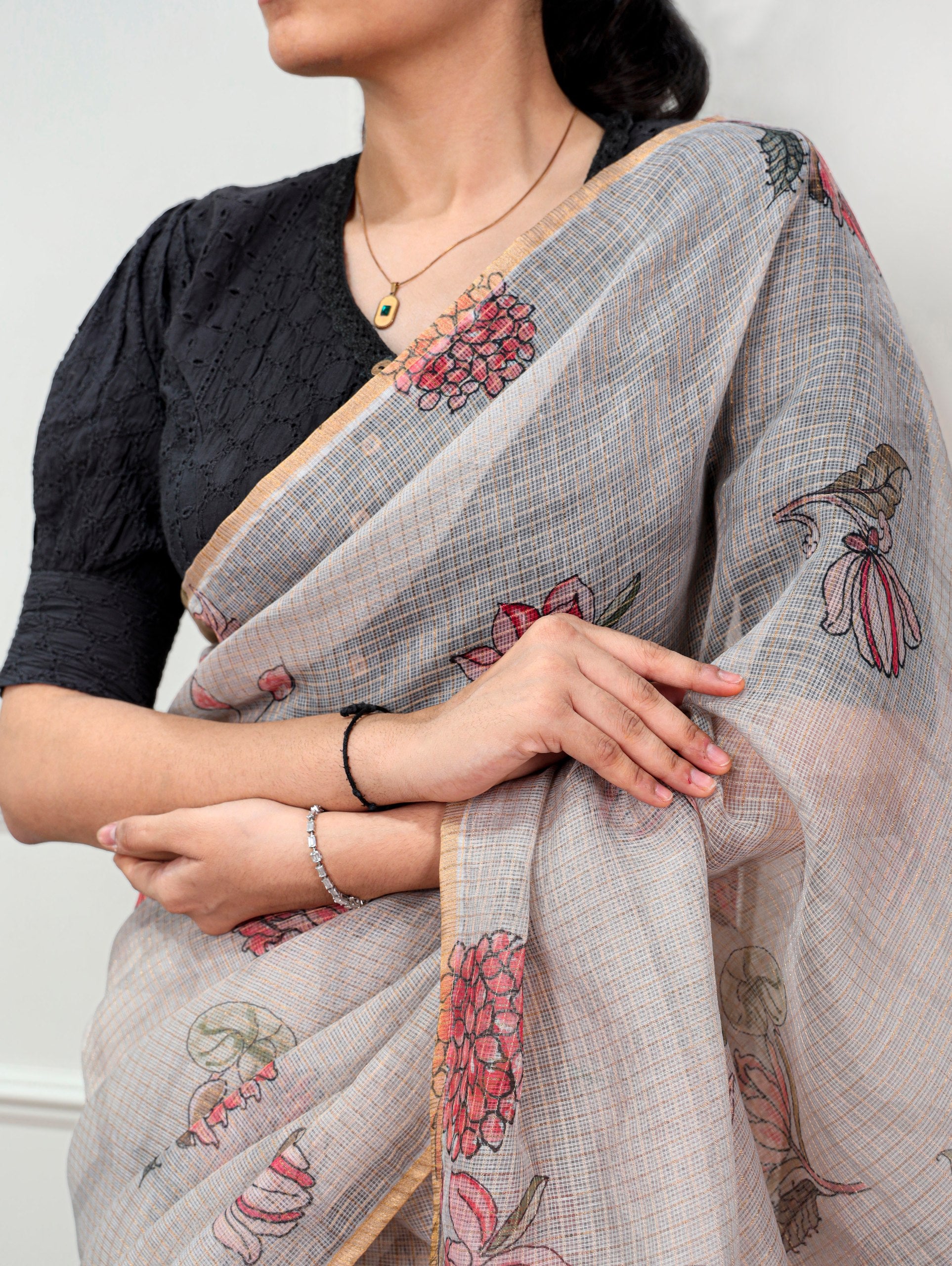 Varnika Kota Doria Floral Print Saree with Stitched Lucknowi Cotton Blouse