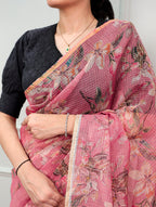 Varnika Kota Doria Floral Print Saree with Stitched Lucknowi Cotton Blouse