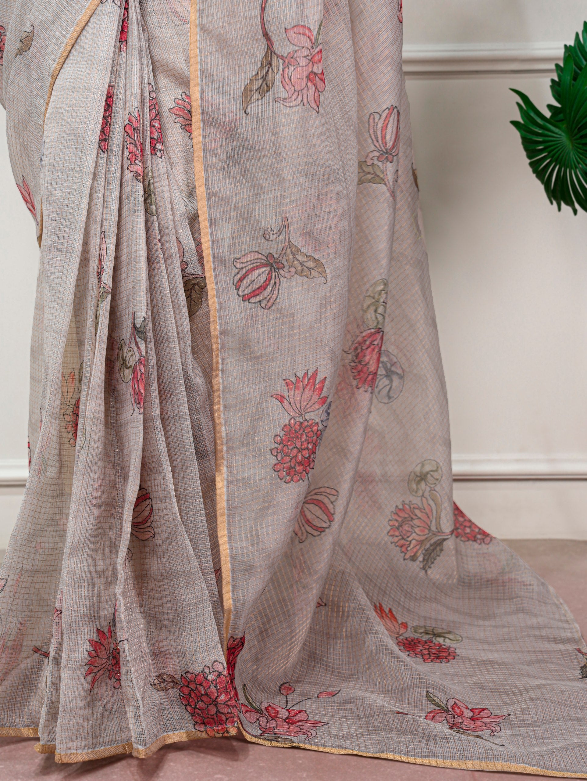 Varnika Kota Doria Floral Print Saree with Stitched Lucknowi Cotton Blouse