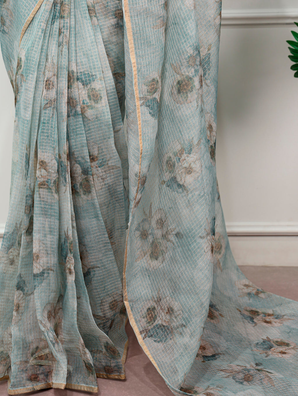 Varnika Kota Doria Floral Print Saree with Stitched Lucknowi Cotton Blouse