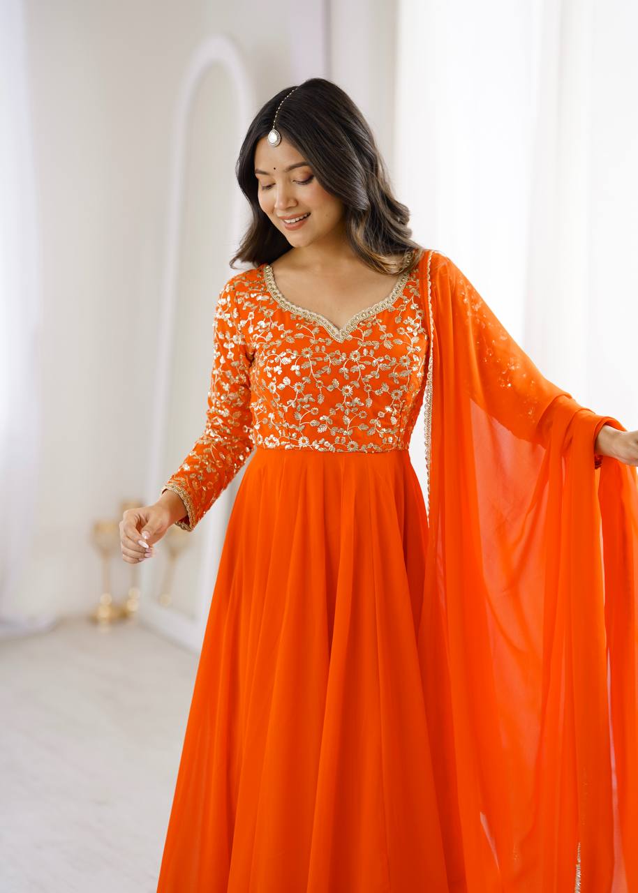 Aarunya Georgette Sequins Embroidered Flared Anarkali with Pant & Dupatta Set