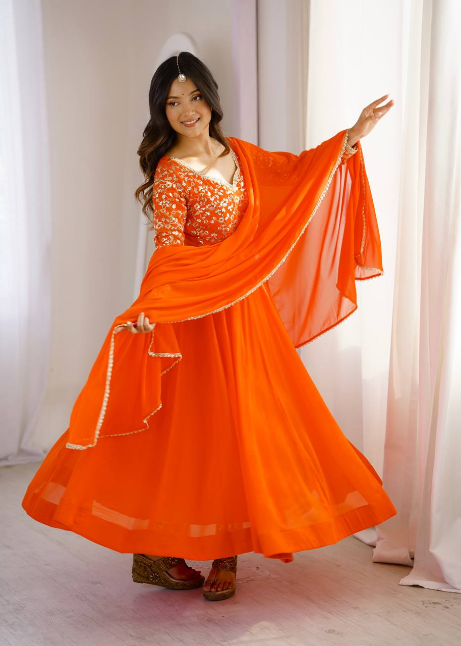 Aarunya Georgette Sequins Embroidered Flared Anarkali with Pant & Dupatta Set