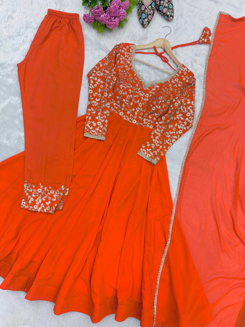Aarunya Georgette Sequins Embroidered Flared Anarkali with Pant & Dupatta Set