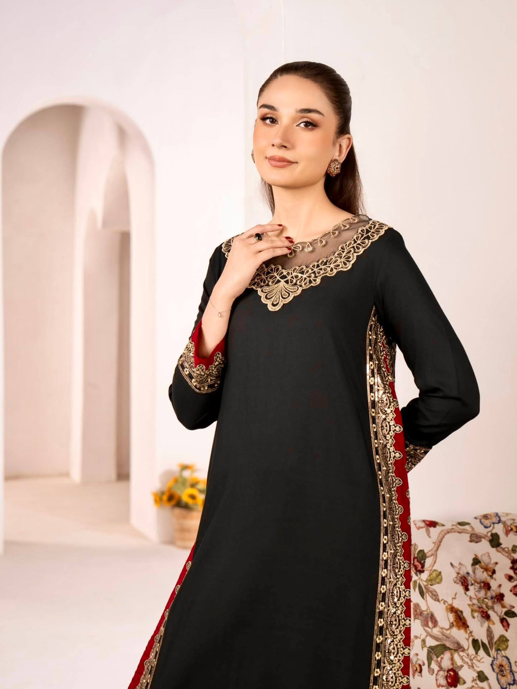 Vyomini Mul Chanderi Embroidered Kurta Palazzo Set with Nazmin Dupatta