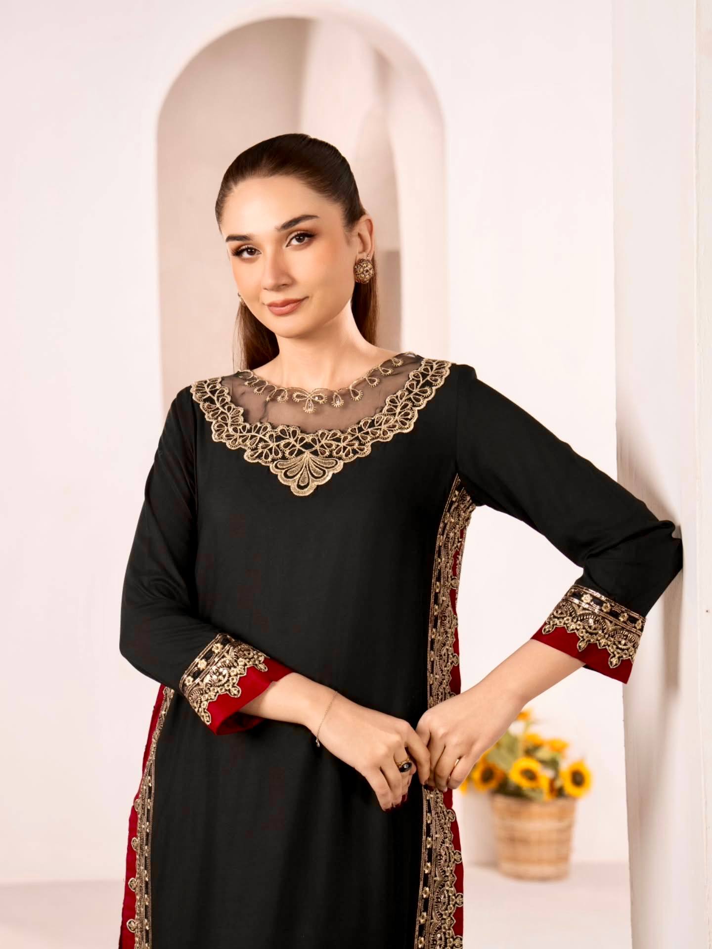 Vyomini Mul Chanderi Embroidered Kurta Palazzo Set with Nazmin Dupatta