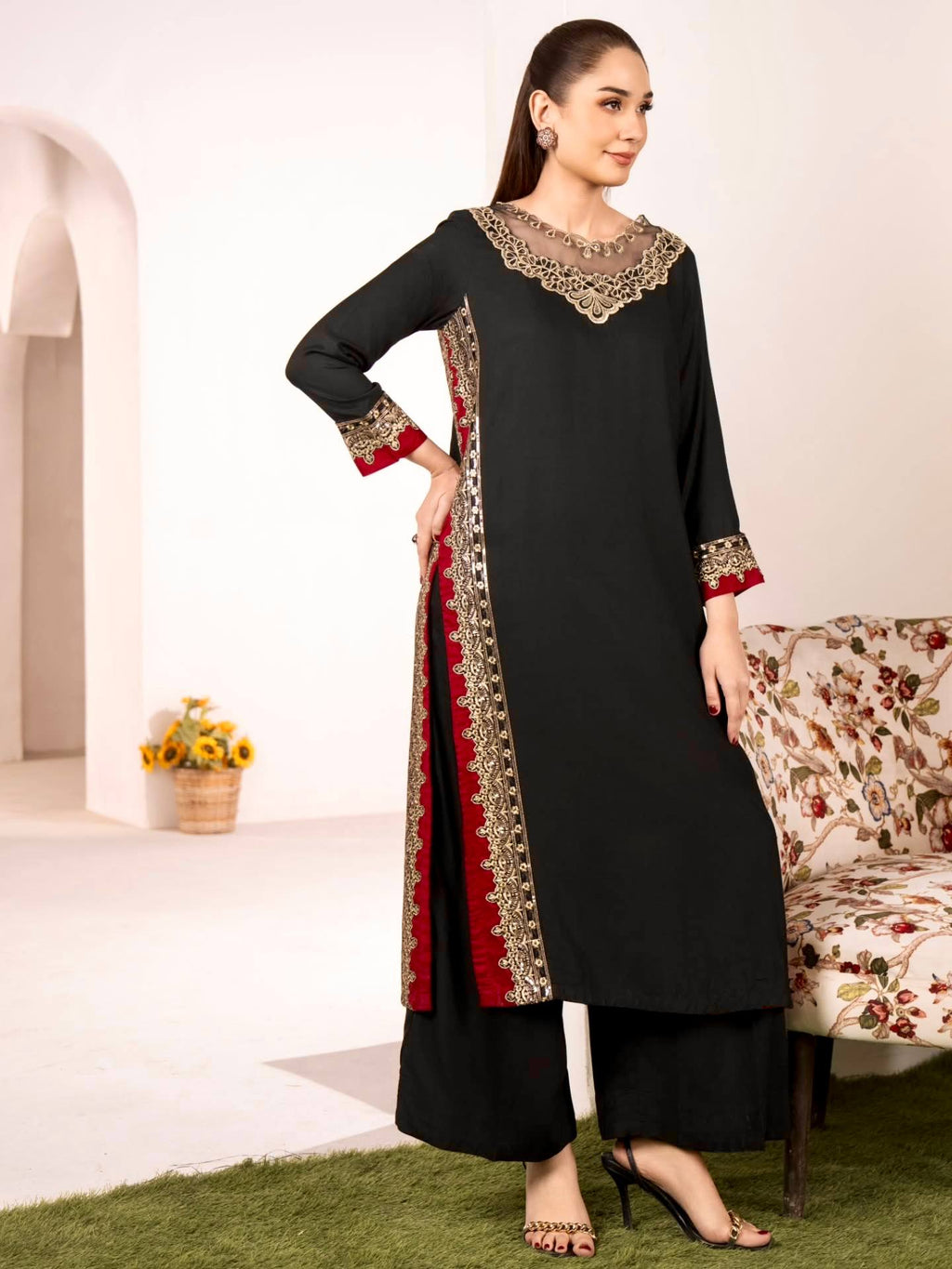 Vyomini Mul Chanderi Embroidered Kurta Palazzo Set with Nazmin Dupatta