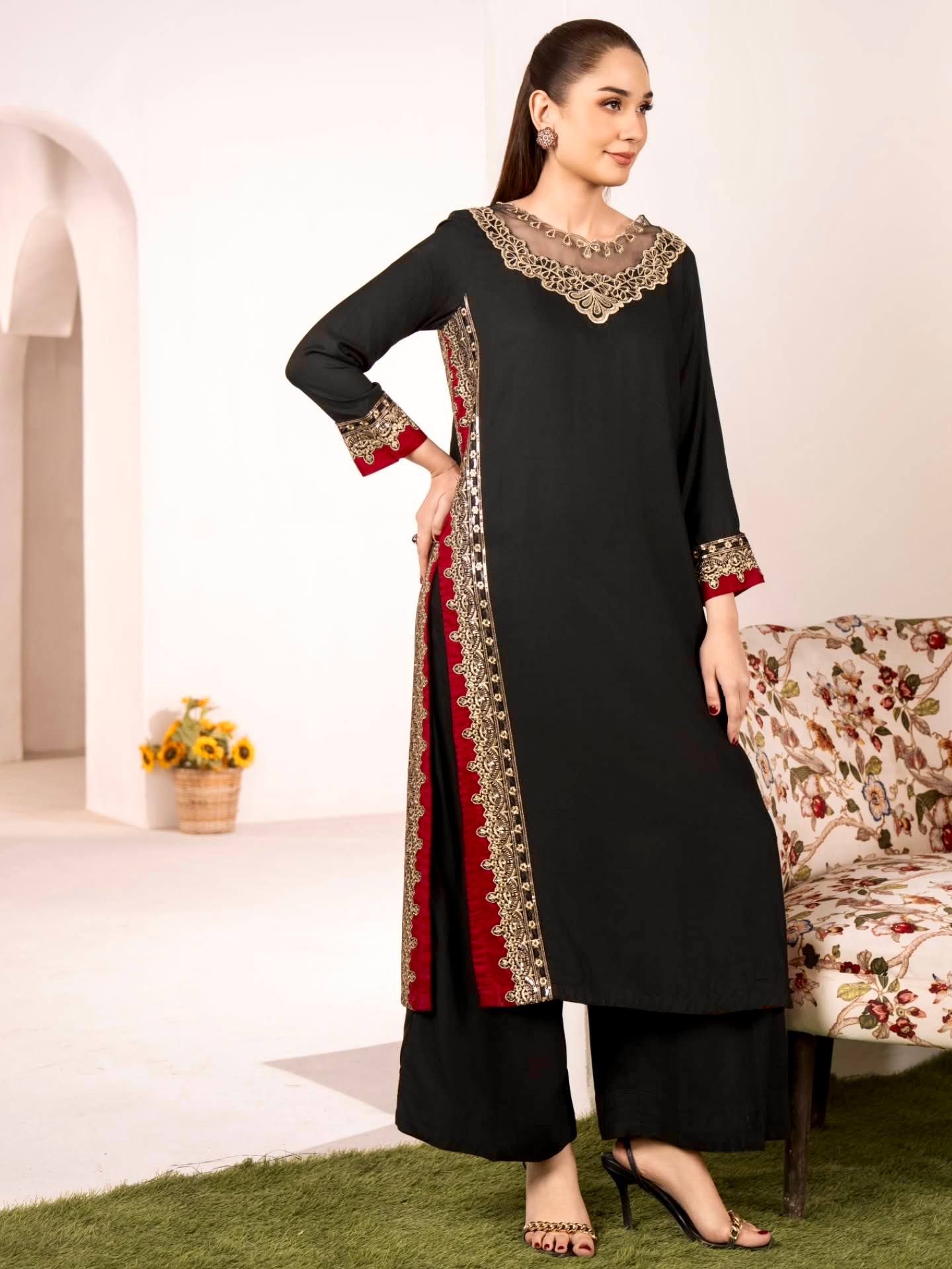 Vyomini Mul Chanderi Embroidered Kurta Palazzo Set with Nazmin Dupatta