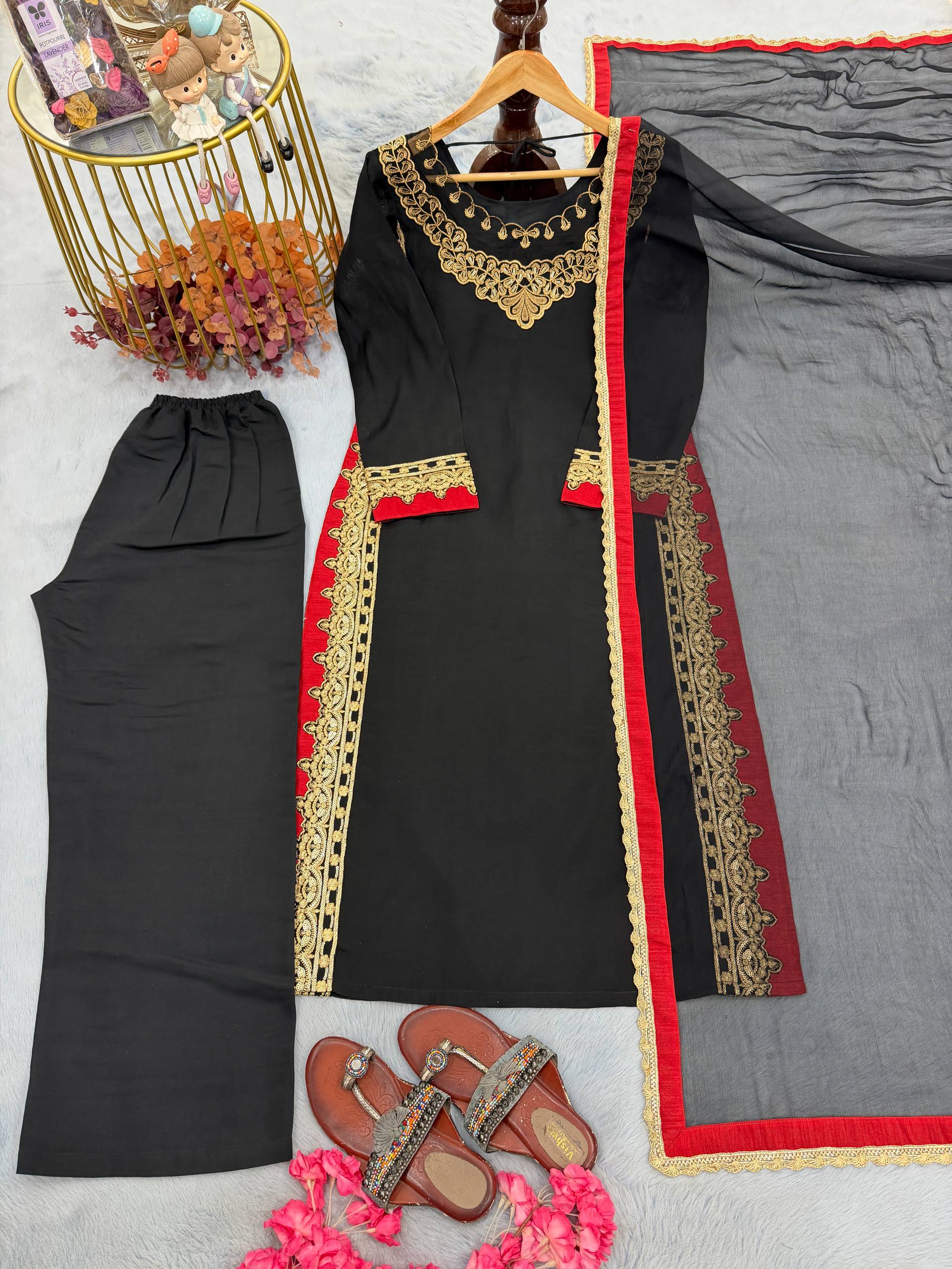 Vyomini Mul Chanderi Embroidered Kurta Palazzo Set with Nazmin Dupatta