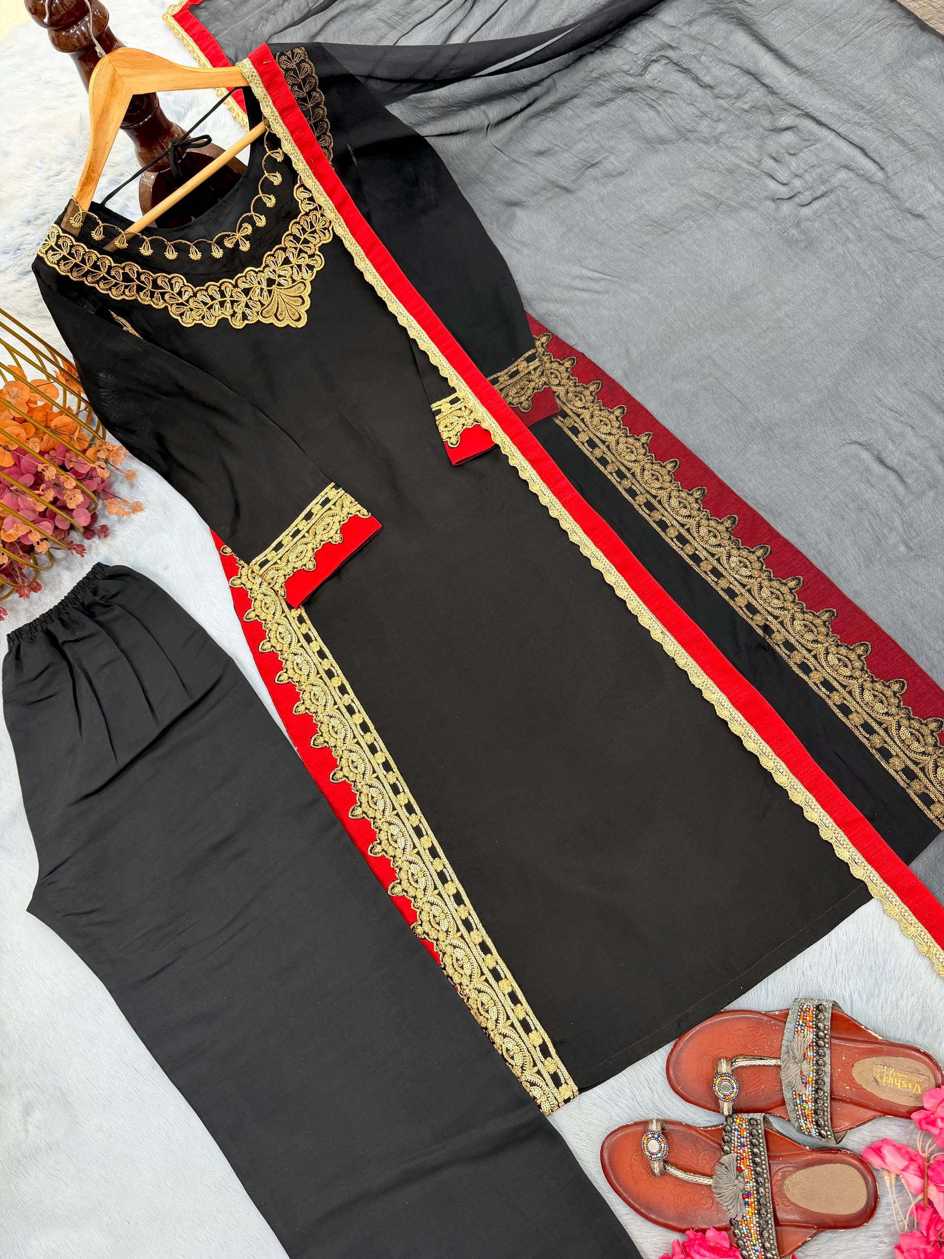 Vyomini Mul Chanderi Embroidered Kurta Palazzo Set with Nazmin Dupatta