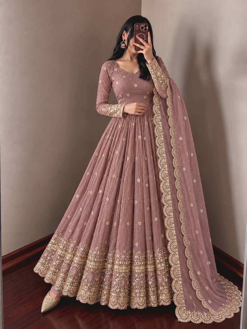Shanaya Fendy Crush Designer Gown Set with Four-Metre Flair and Sequin Embroidered Dupatta