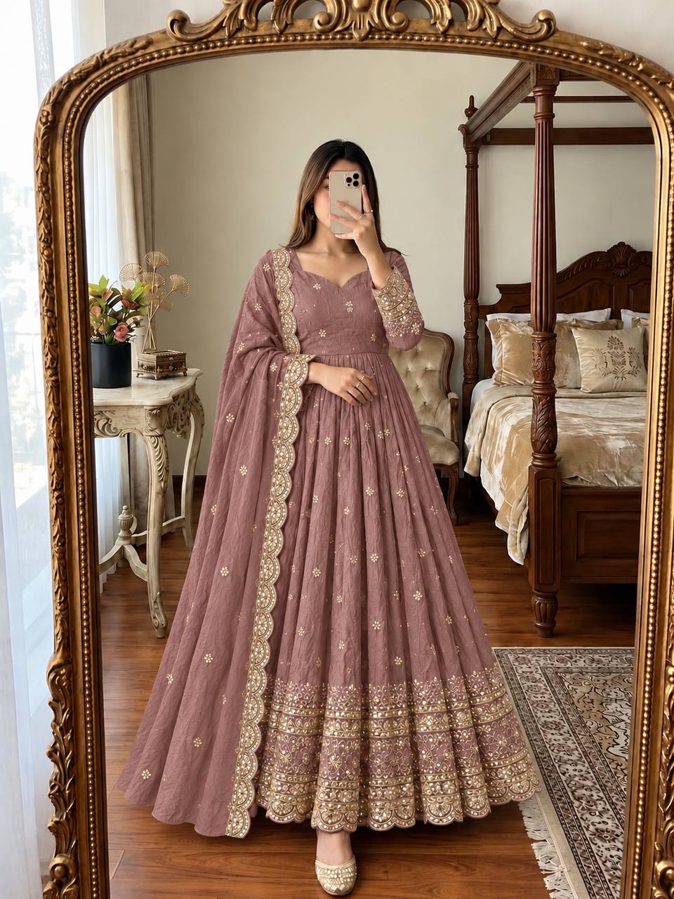 Shanaya Fendy Crush Designer Gown Set with Four-Metre Flair and Sequin Embroidered Dupatta