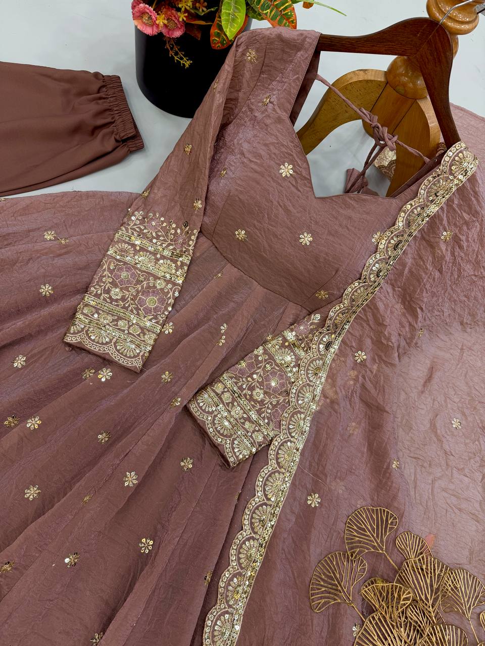 Shanaya Fendy Crush Designer Gown Set with Four-Metre Flair and Sequin Embroidered Dupatta