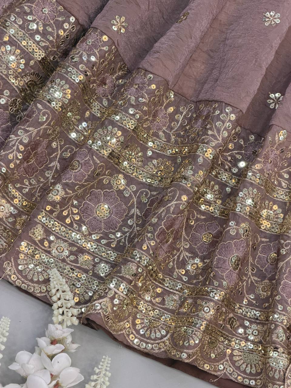 Shanaya Fendy Crush Designer Gown Set with Four-Metre Flair and Sequin Embroidered Dupatta
