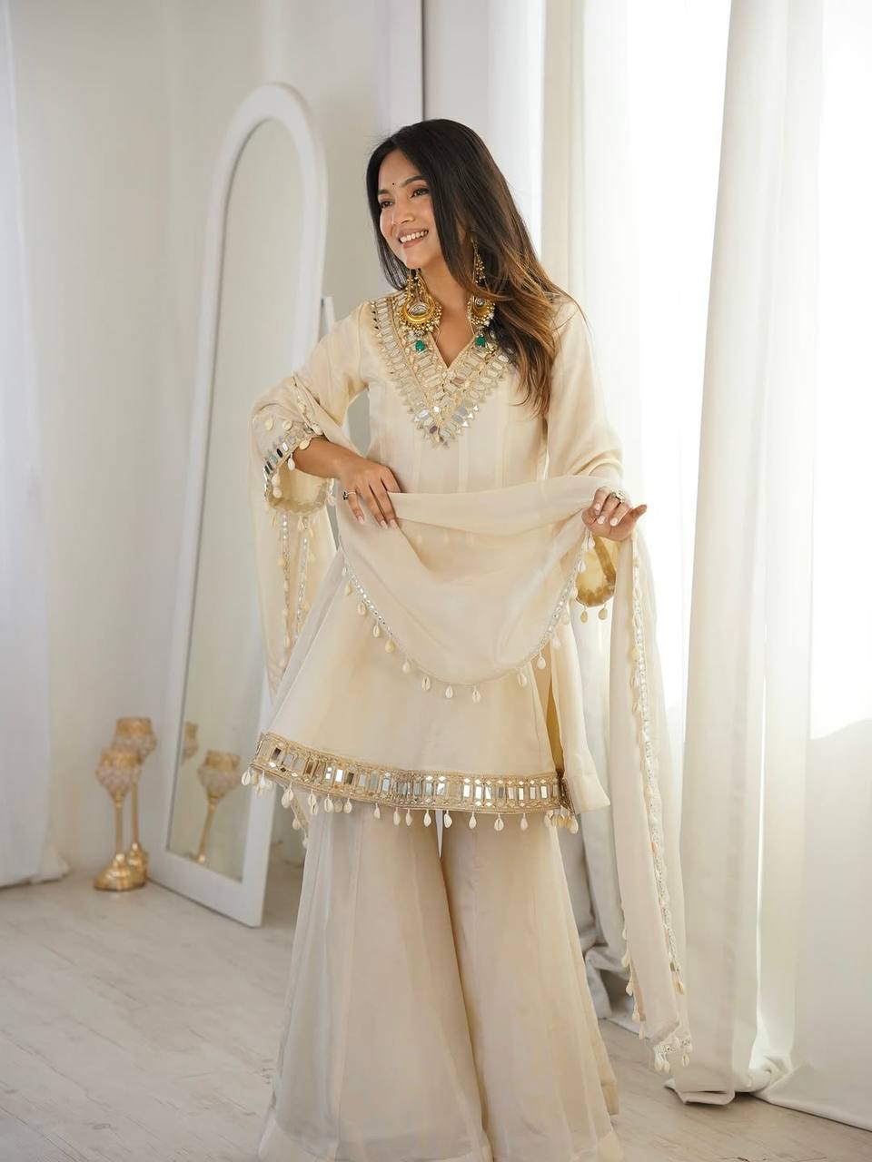 Wedding Ready Mirror Work Sharara Suit with Premium Organza Drape