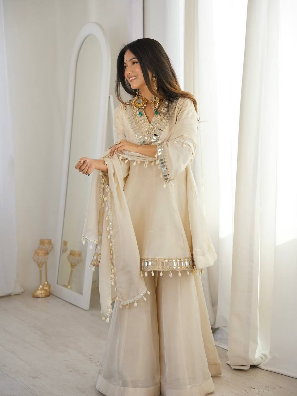 Wedding Ready Mirror Work Sharara Suit with Premium Organza Drape