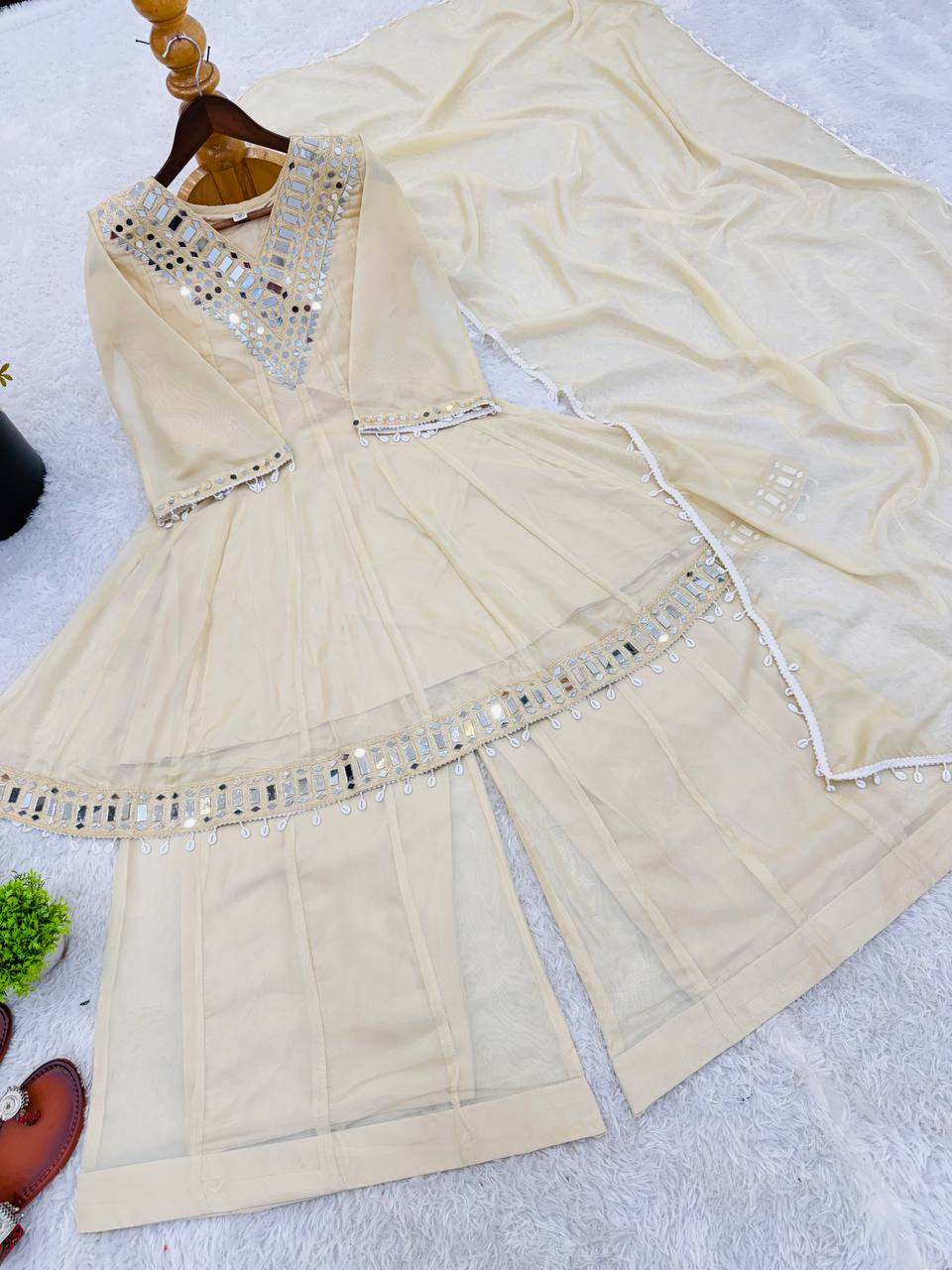 Wedding Ready Mirror Work Sharara Suit with Premium Organza Drape