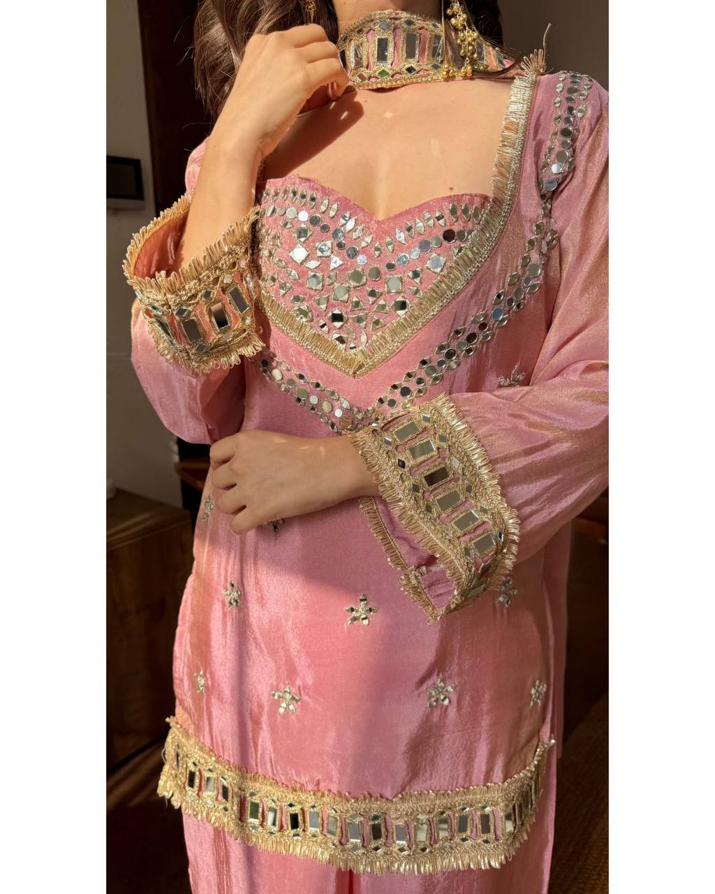 Mirror Work Fendy Silk Sharara Set with Full Flair & Designer Dupatta